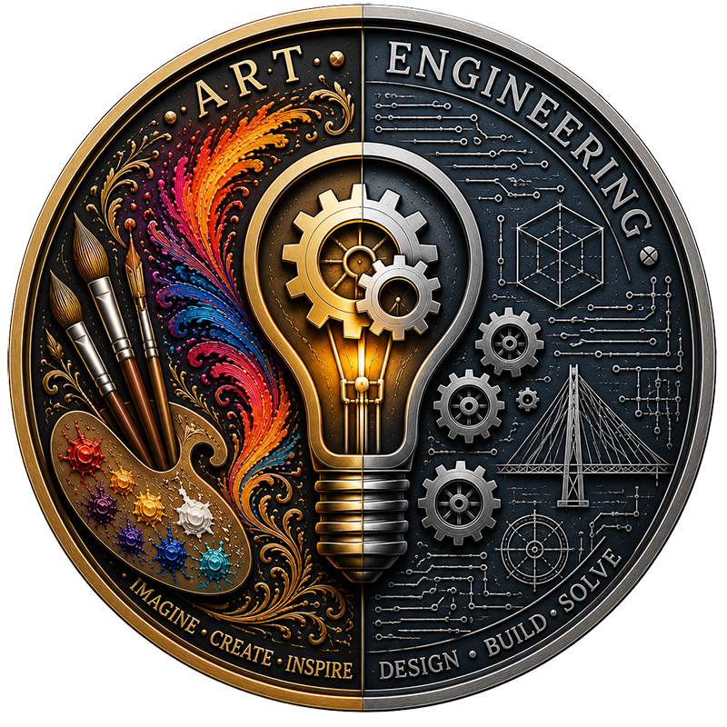 A coin split between art and engineering — paint and brushstroke on one side, gears and circuits on the other